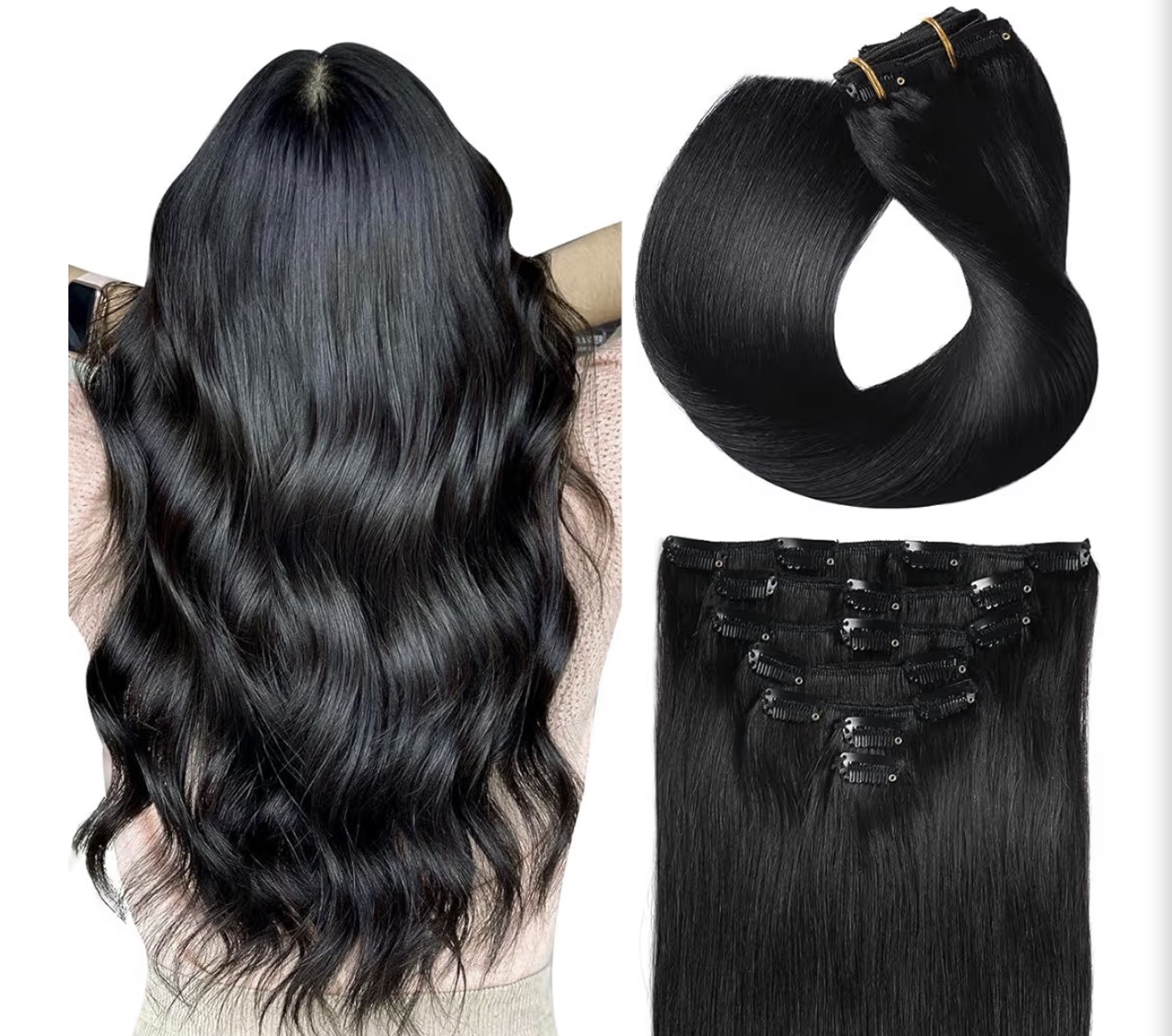 Jet Black real human hair clip-in extensions