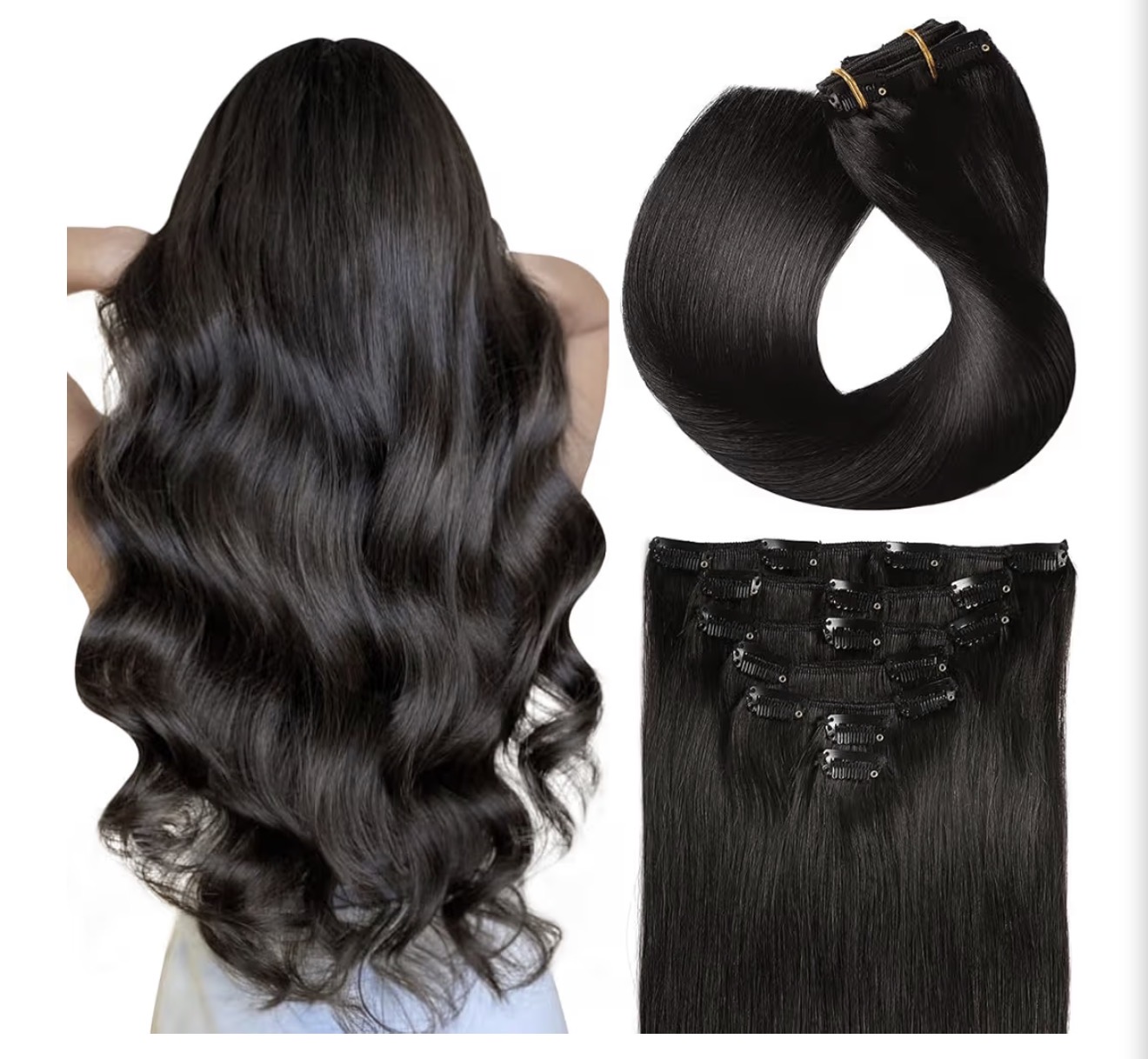 Natural Black real human hair clip-in extensions