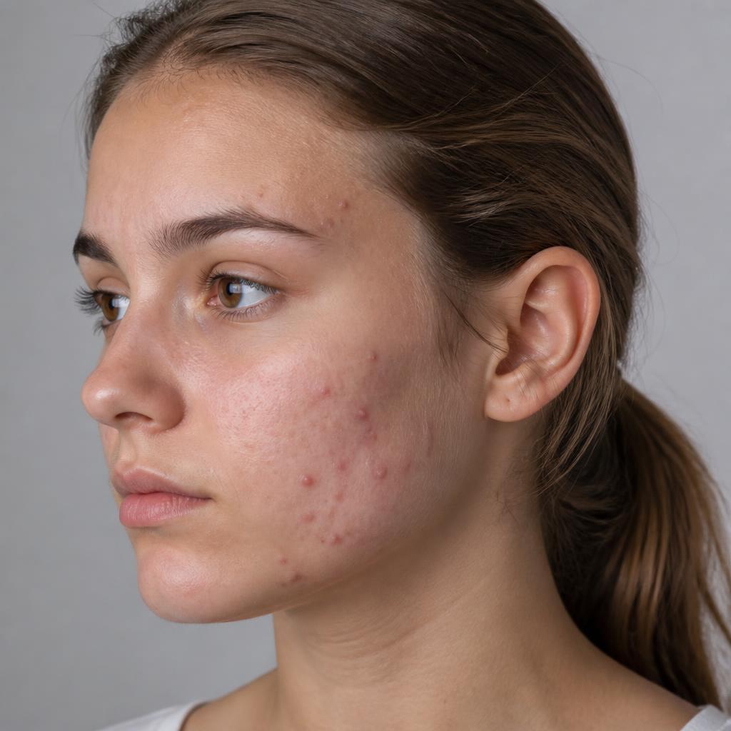 Teenage skin before acne treatment — inflamed breakouts on cheek